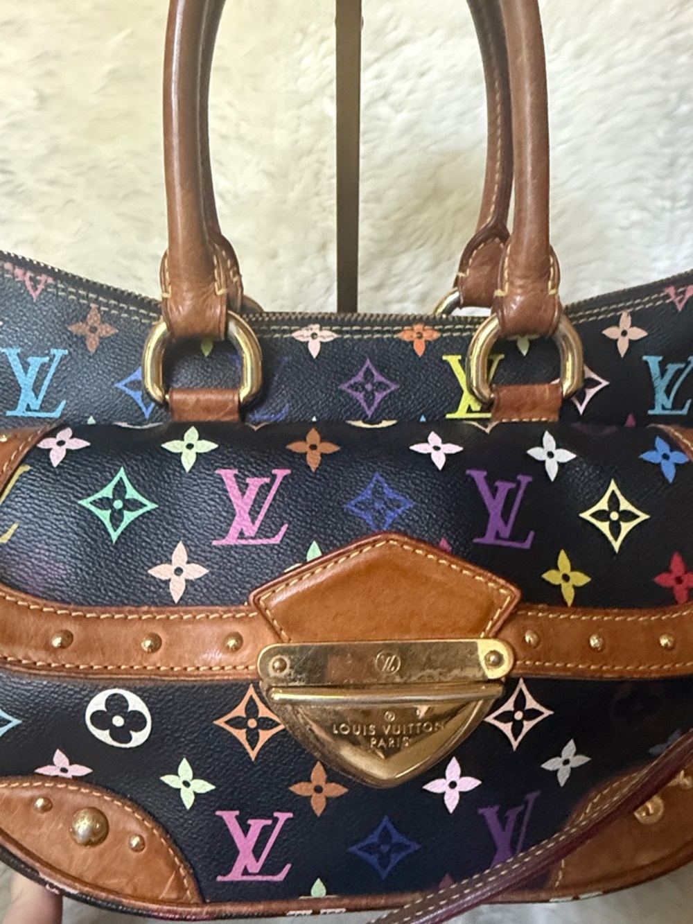 Louis Vuitton Black Multicolor Monogram Murakami Satchel with Brown Leather Rita - Picture 2 of 9